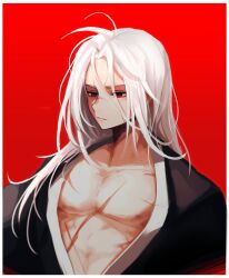 Rule 34 | 1boy, bare pectorals, border, closed mouth, highres, hwaryeok, male focus, medium hair, open clothes, open shirt, original, pectorals, red background, red eyes, scar, scar on breasts, simple background, solo, upper body, white background, white border, white hair
