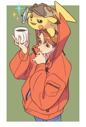 Rule 34 | 1boy, border, brown eyes, brown hair, clothed pokemon, commentary request, creatures (company), cup, deerstalker, detective pikachu, detective pikachu (character), detective pikachu (game), detective pikachu returns, fujimoto gold, game freak, gen 1 pokemon, hand on own chin, hat, highres, holding, holding cup, holding magnifying glass, hood, hoodie, magnifying glass, male focus, nintendo, outside border, pikachu, pokemon, sparkle, tim goodman, white border