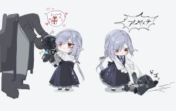 Rule 34 | 1boy, 1girl, a9712mob, aged down, arknights, black dress, black footwear, blue hair, braid, braided ponytail, closed mouth, collared shirt, commentary, doctor (arknights), dress, eyes visible through hair, fish, frilled dress, frills, frown, full body, gift, gladiia (arknights), grey hair, hair over one eye, heart, highres, holding, long hair, mary janes, necktie, pointy ears, red eyes, shadow, shirt, shoes, simple background, slit pupils, solo focus, sparkle, speech bubble, stuffed toy, swordfish, throwing, translated, upset, v, white background, white legwear, white shirt, white sleeves