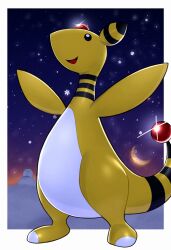 Rule 34 | :d, ampharos, black eyes, border, bright pupils, commentary, creatures (company), crescent moon, game freak, gem, gen 2 pokemon, highres, looking up, moon, night, nintendo, no humans, nuneno, open mouth, outdoors, outstretched arms, pokemon, pokemon (creature), red gemstone, sky, smile, snow sculpture, snowflakes, snowing, solo, standing, symbol-only commentary, tongue, white border, white pupils