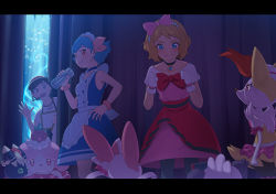 Rule 34 | 2girls, alternate costume, animal ear fluff, animal nose, black choker, blue choker, blue dress, blue eyes, blue hair, blush, bottle, bow, bracelet, braixen, brown hair, choker, collarbone, commentary request, creatures (company), dress, game freak, gen 6 pokemon, gloves, hair bow, hairband, hand on own hip, holding, holding bottle, jewelry, letterboxed, looking down, looking to the side, meowstic, meowstic (male), miette (pokemon), multiple girls, nintendo, notori d, orange eyes, pancham, pink bow, pokemon, pokemon (anime), pokemon (creature), pokemon xy (anime), red bow, serena (pokemon), short hair, slurpuff, smile, snout, standing, sylveon, water bottle, white gloves