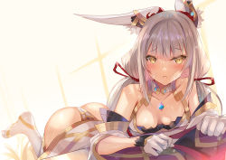 Rule 34 | 1girl, animal ears, ass, backlighting, bare shoulders, bed, blush, breasts, chest jewel, cleavage, collar, covered navel, detached sleeves, duplicate, facial mark, gloves, highleg, highleg leotard, inoue takuya (tactactak), leotard, long hair, looking at viewer, low twintails, lying, medium breasts, nia (blade) (xenoblade), nia (xenoblade), nintendo, open mouth, ribbon, silver hair, spoilers, symbol-shaped pupils, twintails, very long hair, xenoblade chronicles (series), xenoblade chronicles 2, yellow eyes