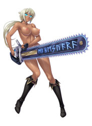 Rule 34 | 1girl, blonde hair, blue eyes, boots, bracelet, breasts, cara the blood lord, chainsaw, glowing, glowing eyes, jewelry, kagami hirotaka, large breasts, lilith-soft, long hair, looking at viewer, marika krishna, nude, ponytail, runes, simple background, solo, white background