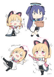 Rule 34 | 2girls, :t, absurdres, animal ear headphones, animal ears, black footwear, black jacket, black legwear, black skirt, blue archive, blue hair, blue neckwear, blush stickers, bow, box, cat ear headphones, cat ears, chibi, closed mouth, fake animal ears, flying sweatdrops, gun, hair bow, halo, headphones, highres, holding, holding box, holding gun, holding weapon, jacket, long hair, long sleeves, lying, momoi (blue archive), moyoron, multiple girls, multiple views, necktie, off shoulder, on back, open clothes, open jacket, pleated skirt, pout, red bow, shoes, short necktie, simple background, skirt, suspender skirt, suspenders, thighhighs, translation request, two side up, v-shaped eyebrows, very long hair, weapon, weapon request, white background, yuuka (blue archive)