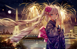 Rule 34 | 1girl, :d, blue eyes, blue kimono, blush, building, city lights, cityscape, commentary, eiffel tower, fate/apocrypha, fate (series), fireworks, floral print, flower, full moon, hair flower, hair ornament, highres, japanese clothes, junpaku karen, kimono, long hair, long sleeves, looking at viewer, marie antoinette (fate), moon, night, night sky, obi, open mouth, own hands together, river, sash, silver hair, sky, smile, solo, twintails, v, very long hair, water, wide sleeves