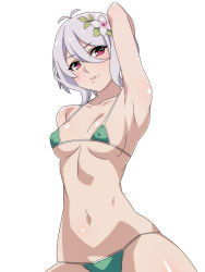 Rule 34 | 1girl, aged up, alternate breast size, antenna hair, arm behind back, arm behind head, arm up, armpits, bikini, blush, breasts, breasts apart, collarbone, commentary request, covered erect nipples, flower, green bikini, hair between eyes, hair flower, hair ornament, highres, kokkoro (princess connect!), leaf, looking at viewer, medium breasts, micro bikini, navel, parted lips, princess connect!, purple eyes, ra-pen, silver hair, simple background, smile, solo, stomach, swimsuit, underboob, white background, white flower