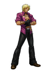 Rule 34 | 1boy, belt, blonde hair, earrings, gloves, grin, jewelry, king of fighters xiii, male focus, necklace, official art, ogura eisuke, open clothes, open shirt, shen woo, shirt, simple background, smile, snk, solo, the king of fighters, the king of fighters xiii