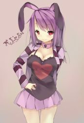 Rule 34 | 1girl, alternate costume, animal ears, blush, bonkiru, breasts, camisole, character name, cleavage, collar, hand on own hip, heart, large breasts, long hair, looking at viewer, nail polish, pleated skirt, purple hair, rabbit ears, red eyes, reisen udongein inaba, simple background, skirt, smile, solo, striped, tank top, touhou
