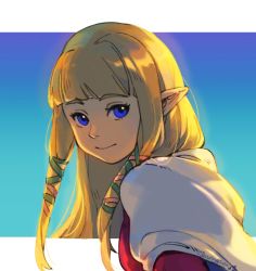 Rule 34 | 1girl, blonde hair, blue background, blue eyes, blunt bangs, capelet, closed mouth, commentary, dated commentary, gradient background, green ribbon, hair ribbon, highres, long hair, looking at viewer, nintendo, pink ribbon, pointy ears, princess zelda, ribbon, shuangsen, sidelocks, signature, smile, solo, the legend of zelda, the legend of zelda: skyward sword, upper body, white capelet