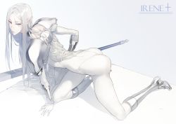Rule 34 | 1girl, armor, armored boots, ass, bad id, bad pixiv id, bodysuit, boots, cape, character name, choker, claymore (series), claymore (sword), cloak, closed mouth, commentary, expressionless, full body, greaves, grey eyes, highleg, highleg leotard, highres, holding, holding sword, holding weapon, irene, knee boots, kneeling, leotard, long hair, looking at viewer, on floor, parted bangs, pauldrons, pointy ears, shoulder armor, silver cape, silver hair, solo, sword, thong, thong leotard, tonito, tsurime, vambraces, weapon, white bodysuit, white leotard