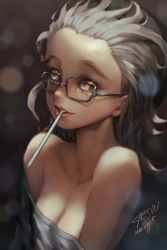 Rule 34 | 1girl, artist self-insert, beanie, black hat, breasts, cleavage, collarbone, dated, genderswap, genderswap (mtf), glasses, grey hair, hat, highres, lips, looking at viewer, mouth hold, off shoulder, original, portrait, saejin oh, signature, small breasts, smile, solo, stylus, sweater, yellow eyes