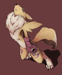 Rule 34 | 00s, animal nose, arm warmers, black sclera, colored sclera, digimon, digimon (creature), digimon tamers, furry, gloves, nasi0505, neck fur, no humans, purple background, renamon, simple background, solo, tail, yin yang