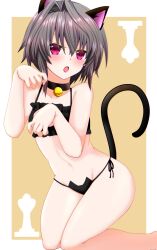 Rule 34 | 1girl, 9-nine-, absurdres, animal ears, animal print, bare shoulders, bell, black bra, black choker, black hair, black panties, blush, bra, cat ears, cat lingerie, cat panties, cat print, cat tail, chess piece, choker, collarbone, eyebrows hidden by hair, eyelashes, fang, feet out of frame, flybig0311, frilled bra, frills, groin, hair between eyes, hair intakes, highres, kneeling, lace, lace-trimmed panties, lace trim, looking at viewer, meme attire, meowing, midriff, navel, neck bell, open mouth, panties, paw pose, print panties, red eyes, short hair with long locks, simple background, solo, spiked hair, tail, thighs, underwear, yellow background, yuuki noa