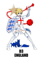 Rule 34 | 1girl, 2014 fifa world cup, absurdres, armor, ball and chain (weapon), blonde hair, blue eyes, cat, chainmail, england, highres, knight, mace, nike (company), original, shield, simple background, solo, star (symbol), united kingdom, weapon, white background, world cup, yu yanshu
