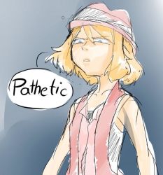 Rule 34 | 1girl, artist request, blonde hair, blue eyes, child, collarbone, creatures (company), disgust, english text, furrowed brow, game freak, glaring, hair between eyes, hat, nintendo, pokemon, red shirt, red theme, ribbon, serena (pokemon), shirt, simple background, sketch, skirt, solo, speech bubble