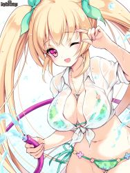 Rule 34 | 1girl, asasaki sayas, bikini, blonde hair, blush, breasts, cleavage, collarbone, female focus, heart, heart-shaped pupils, holding, jewelry, kanae iyori, large breasts, light background, long hair, looking at viewer, navel, necklace, one eye closed, open mouth, psychic hearts, purple eyes, simple background, solo, swimsuit, symbol-shaped pupils, twintails, water, wet, white background, wink