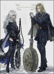 Rule 34 | 1boy, 1girl, :d, arknights, belt boots, black dress, black footwear, black jacket, black pants, black thighhighs, blonde hair, bloodborne, blue pants, boots, circular saw, closed mouth, commentary, dress, english commentary, english text, full body, gloves, grey hair, hat, highres, holding, holding weapon, hunter (bloodborne), jacket, knee boots, long hair, long sleeves, looking at another, nslacka, open mouth, pants, red eyes, saw, shoes, smile, specter (arknights), thighhighs, thighs, weapon, white gloves