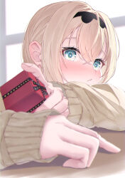 Rule 34 | 1girl, absurdres, blonde hair, blue eyes, blush, close-up, gift, hair between eyes, hairband, head rest, highres, holding, holding gift, hololive, indoors, kazama iroha, looking at viewer, rin (rin illust 0805), sidelocks, solo, sweater, virtual youtuber