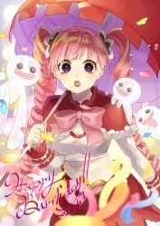 Rule 34 | 1girl, absurdres, black eyes, blunt bangs, capelet, commentary request, confetti, crop top, dated, drill hair, ghost, happy birthday, highres, holding, holding umbrella, long sleeves, looking at viewer, neck ribbon, one piece, perona, red capelet, ribbon, sizukawatanuk1, skirt, solo, twintails, umbrella, upper body