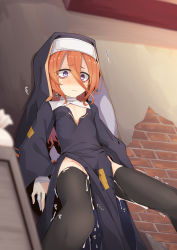 Rule 34 | 1girl, after rape, aftersex, against wall, bags under eyes, bandaged fingers, bandaged hand, bandages, black thighhighs, blurry, breasts, charlotte (ogami kazuki), cleavage cutout, clothing cutout, cum, cumdrip, depth of field, habit, highres, long hair, no bra, no panties, nun, ogami kazuki, orange hair, original, patch, pelvic curtain, purple eyes, small breasts, solo, tears, thighhighs, torn clothes, torn thighhighs