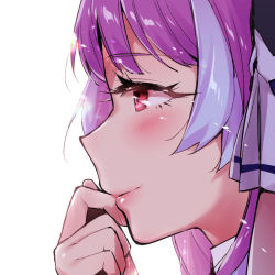 Rule 34 | 1girl, close-up, eyelashes, from side, hand to own mouth, implied yuri, light smile, looking ahead, macross, macross delta, mikumo guynemer, portrait, purple hair, red eyes, sasanoneko, simple background, solo, white background