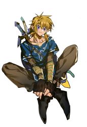 Rule 34 | 1boy, absurdres, black footwear, blonde hair, blue eyes, blue tunic, boots, bow (weapon), earrings, fingerless gloves, full body, gloves, grey pants, grey shirt, hair between eyes, highres, indian style, jewelry, link, looking at viewer, low ponytail, male focus, medium hair, nintendo, pants, pointy ears, shirt, sidelocks, sitting, smile, solo, sword, the legend of zelda, the legend of zelda: breath of the wild, weapon, weapon on back, xi luo an ya