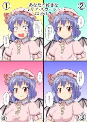 Rule 34 | 1girl, alternate breast size, bat wings, blue hair, blush, breast expansion, breasts, closed mouth, dress, eyebrows, fang, flat chest, frilled sleeves, frills, hat, hat ribbon, highres, looking at viewer, medium breasts, mikazuki neko, mob cap, pink dress, pink hat, puffy short sleeves, puffy sleeves, red eyes, remilia scarlet, ribbon, short sleeves, small breasts, smile, sweatdrop, text focus, touhou, upper body, wide-eyed, wings