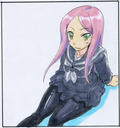 Rule 34 | green eyes, kikuta, original, pantyhose, pink hair, school uniform, solo, tagme