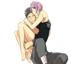 Rule 34 | 1boy, 1girl, barefoot, black gloves, black hair, breasts, carrying, flower, full body, gloves, hair flower, hair ornament, hetero, konan (naruto), labret piercing, looking at viewer, naruto (series), naruto shippuuden, princess carry, purple hair, scar, scar on face, shidou2525, topless male, short hair, sitting, sitting on lap, sitting on person, spaghetti strap, uchiha obito