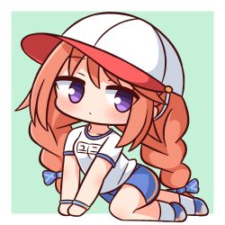Rule 34 | 1girl, baseball cap, blue bow, blue footwear, blue shorts, blush, bow, braid, breasts, brown hair, chibi, closed mouth, commentary request, full body, green background, gym shirt, gym shorts, gym uniform, hair bow, hana kazari, hat, highres, long hair, looking at viewer, name tag, princess connect!, purple eyes, shirt, shoes, short shorts, shorts, small breasts, socks, solo, twin braids, twintails, two-tone background, very long hair, white background, white hat, white shirt, white socks, yuni (princess connect!), yuni (school festival) (princess connect!)
