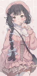 Rule 34 | 1girl, bag, beret, black hair, blue bow, blush, bow, braid, brown skirt, cardigan, cowboy shot, finger to own chin, flower, frills, grey eyes, hair bow, hair flower, hair ornament, hand up, hat, highres, jacket, long hair, long sleeves, looking at viewer, mole, mole under eye, original, parted lips, pink hat, pink jacket, plaid, plaid skirt, shiraho (color-56), shirt, shoulder bag, single braid, skirt, solo, sparkle, thighhighs, white thighhighs, zettai ryouiki