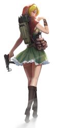 Rule 34 | 1girl, arm wrap, backpack, bag, black footwear, blonde hair, boots, breasts, capelet, commentary, dress, frilled dress, frills, from behind, full body, green dress, gun, highres, holding, holding gun, holding weapon, hood, hood up, hooded capelet, knee boots, looking at viewer, looking back, medium breasts, original, pencil pusher, pouch, red capelet, red eyes, rocket launcher, rpg (weapon), short dress, simple background, skorpion vz. 61, solo, standing, submachine gun, tiptoes, trigger discipline, weapon, white background