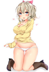 Rule 34 | 10s, 1girl, :d, blue eyes, blush, boots, breasts, brown footwear, cleavage, collarbone, covered erect nipples, drill hair, full body, hair ribbon, hatakaze (kancolle), heart, high heel boots, high heels, highres, kantai collection, kneeling, large breasts, light brown hair, long sleeves, looking at viewer, open mouth, panties, pikacchi, ponytail, ribbon, shirt, simple background, smile, solo, underwear, white background, white panties, yellow shirt
