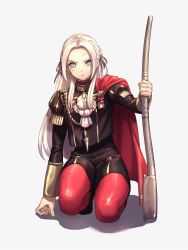 Rule 34 | 1girl, axe, breasts, cape, dirty, dirty face, edelgard von hresvelg, fire emblem, fire emblem: three houses, forehead, full body, garreg mach monastery uniform, hair ribbon, highres, kneeling, long hair, long sleeves, looking at viewer, medium breasts, moyashi mou2, nintendo, pantyhose, parted bangs, purple eyes, red pantyhose, ribbon, shadow, silver hair, simple background, solo, white background