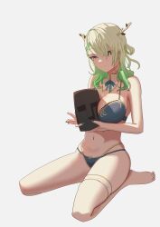 Rule 34 | 1girl, angelchama, antlers, between breasts, binaural microphone, bra, braid, braided bangs, branch, breasts, ceres fauna, cleavage, green hair, green nails, highres, hololive, hololive english, horns, large breasts, long hair, microphone, mole, mole under eye, neumann ku 100, panties, smile, solo, underwear, underwear only, virtual youtuber