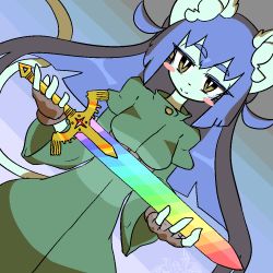 Rule 34 | 1girl, blue hair, brown eyes, cat, dutch angle, female focus, furry, furry female, long hair, looking at viewer, solo, sword, tail, the amboina, weapon