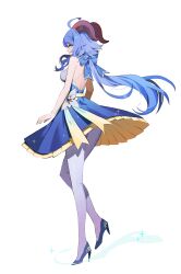 Rule 34 | 1girl, absurdres, ahoge, alternate costume, backless dress, backless outfit, bad id, bad twitter id, bare back, bare shoulders, blue bow, blue footwear, blue hair, bow, commentary, dress, from behind, full body, ganyu (genshin impact), genshin impact, goat horns, high heels, highres, horns, long hair, looking at viewer, pantyhose, purple eyes, seizou hidzuke, sideways glance, simple background, solo, sparkle, white background, white pantyhose