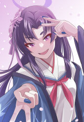 Rule 34 | 1girl, blue archive, blue nails, commentary request, fingernails, flower, gyaru v, hair flower, hair ornament, halo, haori, highres, hime cut, japanese clothes, long hair, looking at viewer, neckerchief, nikulas cage, open mouth, pink flower, purple eyes, purple hair, purple halo, red neckerchief, school uniform, serafuku, smile, solo, upper body, v, yukari (blue archive)