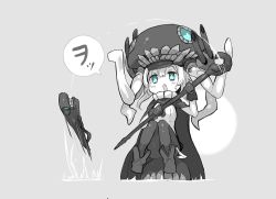 Rule 34 | 10s, abyssal ship, blue eyes, blush, bodysuit, cane, cape, collar, colored skin, commentary request, fishing, ganesagi, gloves, greyscale, i-class destroyer, kantai collection, monochrome, short hair, sweatdrop, tentacles, translation request, white hair, white skin, wo-class aircraft carrier