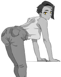 Rule 34 | 1girl, absurdres, ass, bent over, brown eyes, feet out of frame, greyscale, highres, kantoqyoiko, looking at viewer, monochrome, original, pants, shirt, short hair, simple background, sleeveless, sleeveless shirt, solo, spot color, standing, tan, tomboy, white background, white shirt