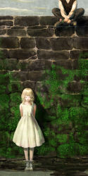 Rule 34 | 1boy, 1girl, absurdres, blonde hair, diolemonde, dress, closed eyes, flower, highres, moss, original, pale skin, smile, solo focus, stone wall, wading, wall, water, white dress