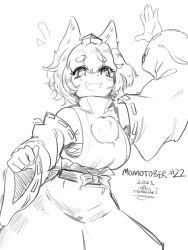 Rule 34 | 1girl, animal ears, arm up, cowboy shot, detached sleeves, fang, greyscale, hat, highres, inubashiri momiji, leaf, long sleeves, maple leaf, monochrome, open mouth, ramnik5, short hair, simple background, solo, thick eyebrows, touhou, wolf ears