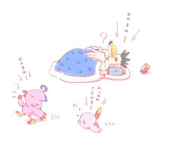 Rule 34 | artist request, bed, bird, cockatrimon, digimon, digimon (creature), highres, open mouth, piyomon, poromon, simple background, sleeping, tears, translation request, walking, white background, wings, yawning