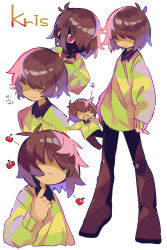 Rule 34 | 1boy, :|, absurdres, ahoge, antenna hair, apple, brown footwear, brown hair, brown pants, brown undershirt, character name, chibi, chibi inset, clenched hand, clenching, closed mouth, collared shirt, commentary request, covered eyes, deltarune, evil grin, evil smile, expressionless, floating hair, food, fruit, full body, green sweater, grin, hair between eyes, hair over eyes, hair over one eye, heart, highres, holding, holding heart, kris (deltarune), loafers, long sleeves, male focus, multicolored sweater, multiple views, one eye covered, open mouth, pants, pointing, pointing at self, red eyes, shaded face, shirt, shoes, short hair, simple background, smile, solo, sweater, tagme, uenomigi, undershirt, white background, yellow stripe, yellow sweater