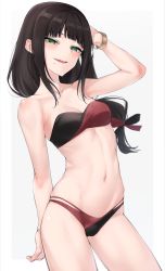Rule 34 | 1girl, arm behind back, arm up, bangle, bare arms, bare shoulders, bikini, black bikini, black bow, black hair, blunt bangs, blurry, blush, border, bow, bracelet, breasts, cleavage, collarbone, commentary request, contrapposto, cowboy shot, depth of field, green eyes, grey background, groin, hair bow, half-closed eyes, highres, jewelry, kurosawa dia, long hair, looking at viewer, love live!, love live! sunshine!!, low-tied long hair, medium breasts, mole, mole under mouth, multi-strapped bikini, nasuno (nasuno42), navel, outside border, parted lips, red bikini, red bow, sidelocks, simple background, smile, solo, standing, stomach, strapless, strapless bikini, swimsuit, teeth, two-tone bikini, two-tone bow, upper teeth only, white border