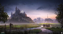Rule 34 | 1boy, assassin&#039;s creed: valhalla, assassin&#039;s creed (series), boat, castle, company name, concept art, copyright name, donglu, english text, european architecture, grass, grey sky, highres, outdoors, sky, tree, water, watercraft, watermark