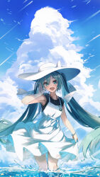 Rule 34 | 1girl, :d, bare shoulders, black shirt, blue eyes, blue hair, blue nails, blue sky, blush, bow, bracelet, cloud, cloudy sky, collarbone, cumulonimbus cloud, daidou (demitasse), day, dot nose, dress, hair between eyes, hair bow, hand up, hat, hatsune miku, highres, jewelry, layered clothes, legs together, long hair, looking at viewer, meteor shower, nail polish, open hand, open mouth, outdoors, pendant, pleated dress, shirt, sidelocks, skirt hold, sky, sleeveless, sleeveless dress, sleeveless shirt, smile, solo, sundress, thigh gap, twintails, very long hair, vocaloid, wading, water, water drop, white bow, white dress, white hat