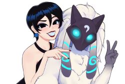 2girls absurdres animal_ears bare_arms bare_shoulders black_dress black_hair dress earrings fang furry furry_with_non-furry glowing glowing_eyes green_eyes grin highres interspecies jewelry kindred_(league_of_legends) lamb_(league_of_legends) league_of_legends long_hair multiple_girls nail_polish original red_lips red_nails sheep_ears short_hair sizigia smile teeth upper_body white_hair yuri