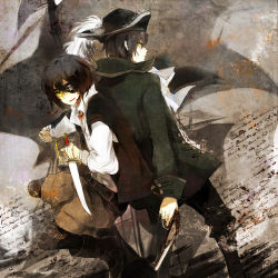 Rule 34 | 2boys, back-to-back, bad id, bad pixiv id, black hair, eyepatch, feathers, gun, holding hands, hat, hat feather, i-riya, male focus, multiple boys, original, pirate, pirate hat, smile, sword, weapon, yellow eyes