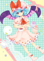 Rule 34 | 1girl, ascot, bat wings, blue background, blue hair, blush, bow, bright pupils, brooch, chanko eee, cup, cupcake, food, frilled skirt, frills, hat, hat bow, jewelry, lace, mob cap, pink footwear, pink shirt, pink skirt, puffy short sleeves, puffy sleeves, red ascot, red bow, red brooch, red eyes, red ribbon, remilia scarlet, ribbon, shirt, short hair, short sleeves, skirt, smile, solo, teacup, teapot, touhou, wings